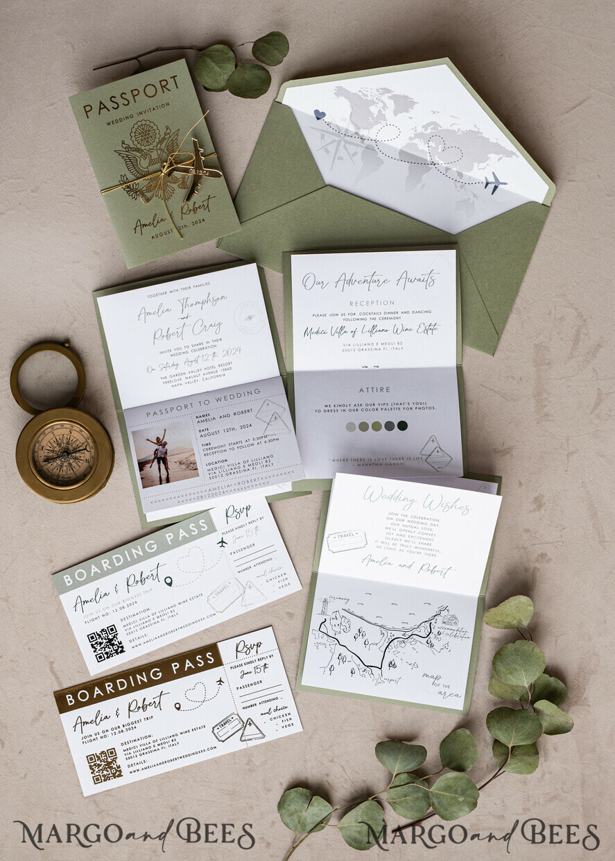 HOCHZEITS EINLADUNGEN Pass zur Liebe / Strandhochzeits-Einladungen Salbeigrüne Pass-Hochzeitskarte, Hochzeitskarten Boardingticket, Toskana Pass-Hochzeitskarten im Ausland, Hochzeits-Einladungen für Destinationen, Reisekarten-Hochzeitsstationery.