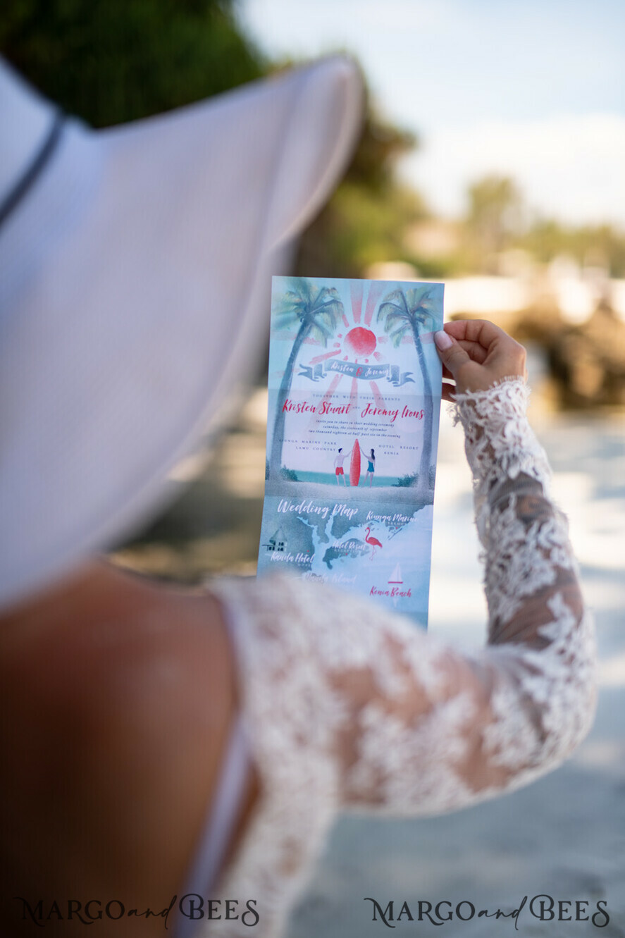 HOCHZEITS EINLADUNGEN Pass zur Liebe / Strandhochzeits-Einladungen Tropische Hochzeitseinladungen Dreifach Hochzeitseinladungen Zielhochzeit Karten