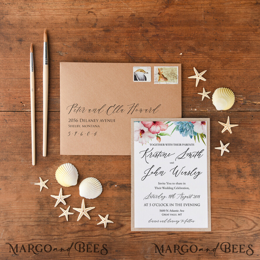 HOCHZEITS EINLADUNGEN Pass zur Liebe / Strandhochzeits-Einladungen Tropische Strandhochzeitseinladungen, Seestern Aquarell Strandhochzeitseinladungen, Hibiskusblumen Hochzeitseinladungen
