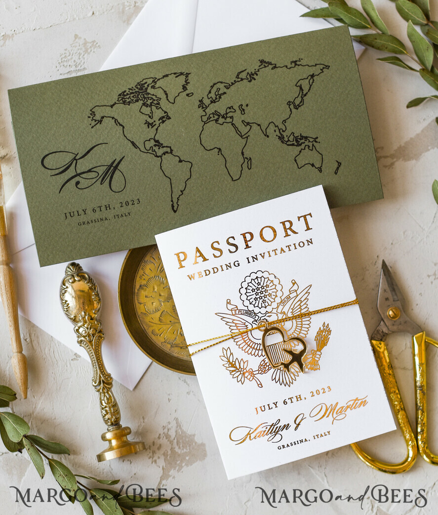 HOCHZEITS EINLADUNGEN Pass zur Liebe / Strandhochzeits-Einladungen Weißgold Passagierhochzeitseinladung, goldene Flugzeughochzeitskarten Boarding Pass, olivgrüne Reisepasshochzeitseinladungen im Ausland, Einladung zur Hochzeit am Zielort