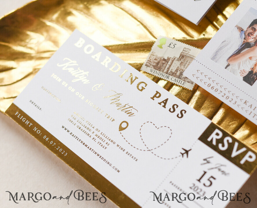 HOCHZEITS EINLADUNGEN Pass zur Liebe / Strandhochzeits-Einladungen Weißgoldene Pass-Einladung zur Hochzeit, goldene Flugzeug-Hochzeitseinladungen Boarding Pass, Reisepass-Hochzeitseinladungen im Ausland, Einladungen zur Hochzeitsreise, Reiskarten-Hochzeitsstationery