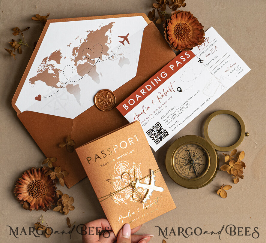 HOCHZEITS EINLADUNGEN Pass zur Liebe / Strandhochzeits-Einladungen Gold Terrakotta Reisepass Hochzeits Einladung, Gebranntes Orange Gold Hochzeitskarten Boarding Pass, Reise Reisepass Hochzeits Einladungen im Ausland, Destination Hochzeit Einladungen, Reisekarte Hochzeitsstationär