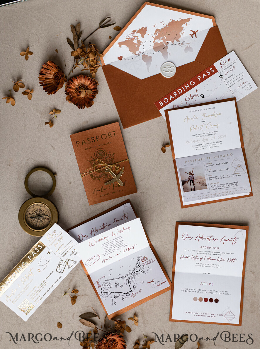 HOCHZEITS EINLADUNGEN Pass zur Liebe / Strandhochzeits-Einladungen Gold Terrakotta Reisepass Hochzeits Einladung, Gebranntes Orange Gold Hochzeitskarten Boarding Pass, Reise Reisepass Hochzeits Einladungen im Ausland, Destination Hochzeit Einladungen, Reisekarte Hochzeitsstationär