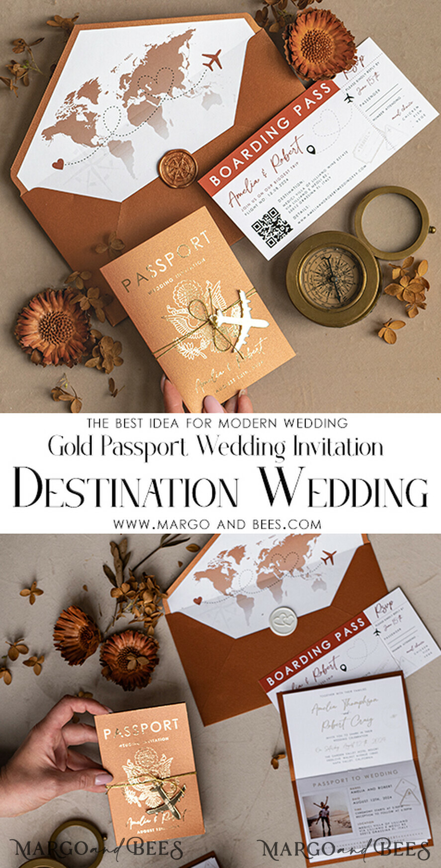 HOCHZEITS EINLADUNGEN Pass zur Liebe / Strandhochzeits-Einladungen Gold Terrakotta Reisepass Hochzeits Einladung, Gebranntes Orange Gold Hochzeitskarten Boarding Pass, Reise Reisepass Hochzeits Einladungen im Ausland, Destination Hochzeit Einladungen, Reisekarte Hochzeitsstationär