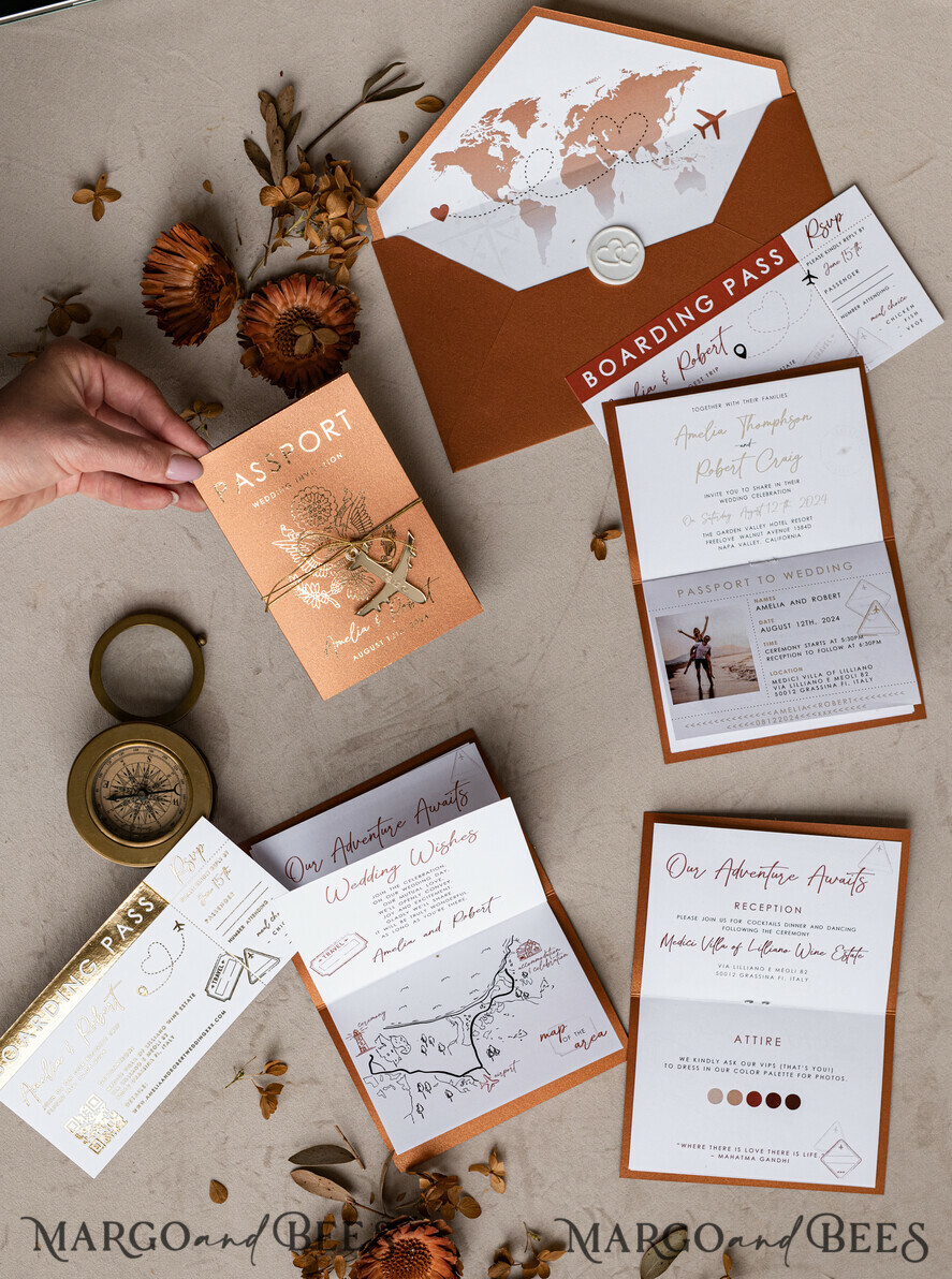 HOCHZEITS EINLADUNGEN Pass zur Liebe / Strandhochzeits-Einladungen Gold Terrakotta Reisepass Hochzeits Einladung, Gebranntes Orange Gold Hochzeitskarten Boarding Pass, Reise Reisepass Hochzeits Einladungen im Ausland, Destination Hochzeit Einladungen, Reisekarte Hochzeitsstationär