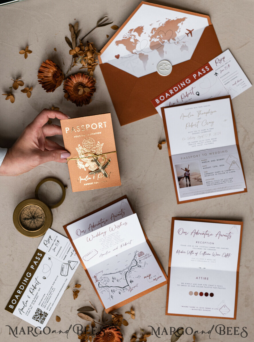 HOCHZEITS EINLADUNGEN Pass zur Liebe / Strandhochzeits-Einladungen Gold Terrakotta Reisepass Hochzeits Einladung, Gebranntes Orange Gold Hochzeitskarten Boarding Pass, Reise Reisepass Hochzeits Einladungen im Ausland, Destination Hochzeit Einladungen, Reisekarte Hochzeitsstationär