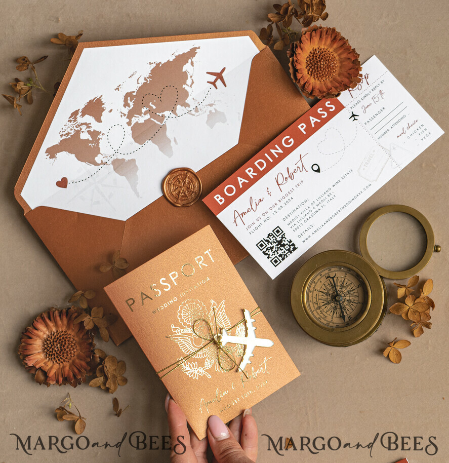 HOCHZEITS EINLADUNGEN Pass zur Liebe / Strandhochzeits-Einladungen Gold Terrakotta Reisepass Hochzeits Einladung, Gebranntes Orange Gold Hochzeitskarten Boarding Pass, Reise Reisepass Hochzeits Einladungen im Ausland, Destination Hochzeit Einladungen, Reisekarte Hochzeitsstationär