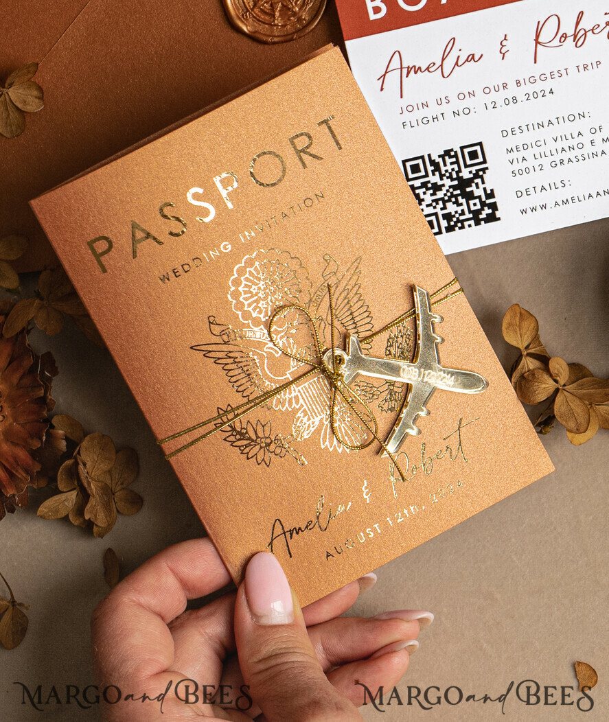 HOCHZEITS EINLADUNGEN Pass zur Liebe / Strandhochzeits-Einladungen Gold Terrakotta Reisepass Hochzeits Einladung, Gebranntes Orange Gold Hochzeitskarten Boarding Pass, Reise Reisepass Hochzeits Einladungen im Ausland, Destination Hochzeit Einladungen, Reisekarte Hochzeitsstationär