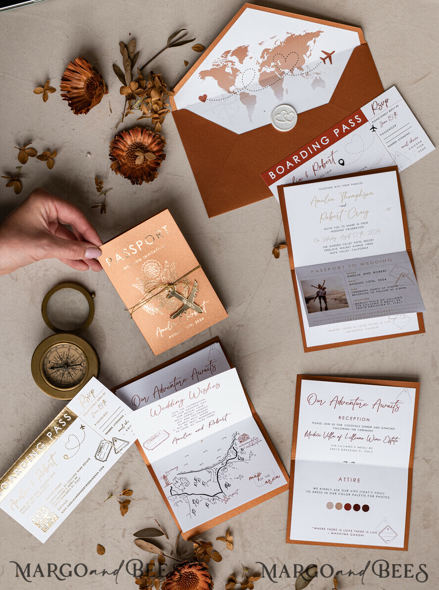 HOCHZEITS EINLADUNGEN Pass zur Liebe / Strandhochzeits-Einladungen Gold Terrakotta Reisepass Hochzeits Einladung, Gebranntes Orange Gold Hochzeitskarten Boarding Pass, Reise Reisepass Hochzeits Einladungen im Ausland, Destination Hochzeit Einladungen, Reisekarte Hochzeitsstationär