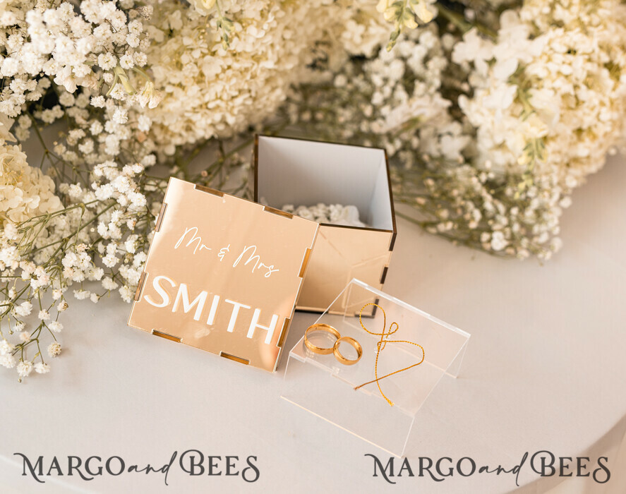RINGTRÄGERBOXEN & KISSEN Klarer Gold-Acrylringbox Ringbox für die Hochzeitszeremonie 3 Ringe, Spiegel-Acryl Goldene Hochzeitsringbox für die Zeremonie, Boho Glam Hochzeitsringboxen, Luxuriöse Acryl Goldringbox doppelt, individuelle Farben.