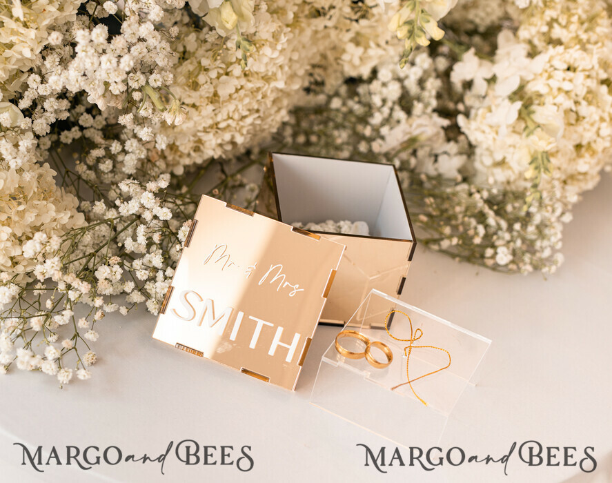 RINGTRÄGERBOXEN & KISSEN Klarer Gold-Acrylringbox Ringbox für die Hochzeitszeremonie 3 Ringe, Spiegel-Acryl Goldene Hochzeitsringbox für die Zeremonie, Boho Glam Hochzeitsringboxen, Luxuriöse Acryl Goldringbox doppelt, individuelle Farben.