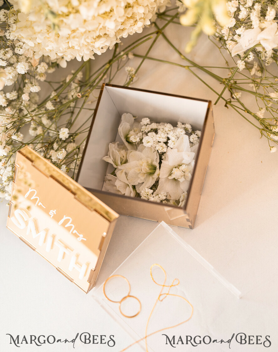 RINGTRÄGERBOXEN & KISSEN Klarer Gold-Acrylringbox Ringbox für die Hochzeitszeremonie 3 Ringe, Spiegel-Acryl Goldene Hochzeitsringbox für die Zeremonie, Boho Glam Hochzeitsringboxen, Luxuriöse Acryl Goldringbox doppelt, individuelle Farben.
