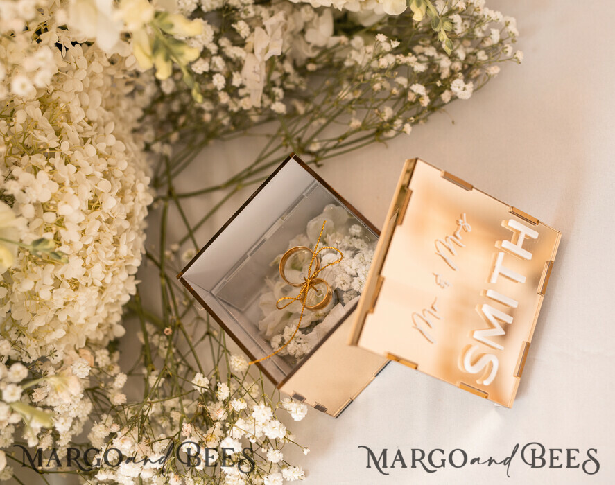 RINGTRÄGERBOXEN & KISSEN Klarer Gold-Acrylringbox Ringbox für die Hochzeitszeremonie 3 Ringe, Spiegel-Acryl Goldene Hochzeitsringbox für die Zeremonie, Boho Glam Hochzeitsringboxen, Luxuriöse Acryl Goldringbox doppelt, individuelle Farben.