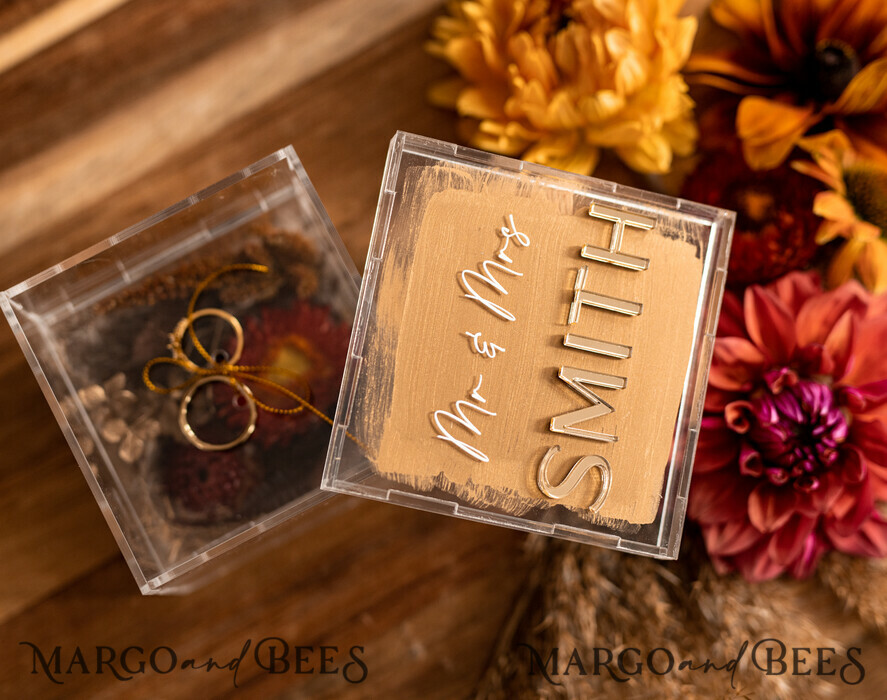 RINGTRÄGERBOXEN & KISSEN Klarer Gold-Acrylringbox Ringbox für die Hochzeitszeremonie 3 Ringe, klare Acrylgoldene Hochzeitsringbox für die Zeremonie, Boho Glam Hochzeitsringboxen, luxuriöse Acrylgoldringbox doppelte benutzerdefinierte Farben.