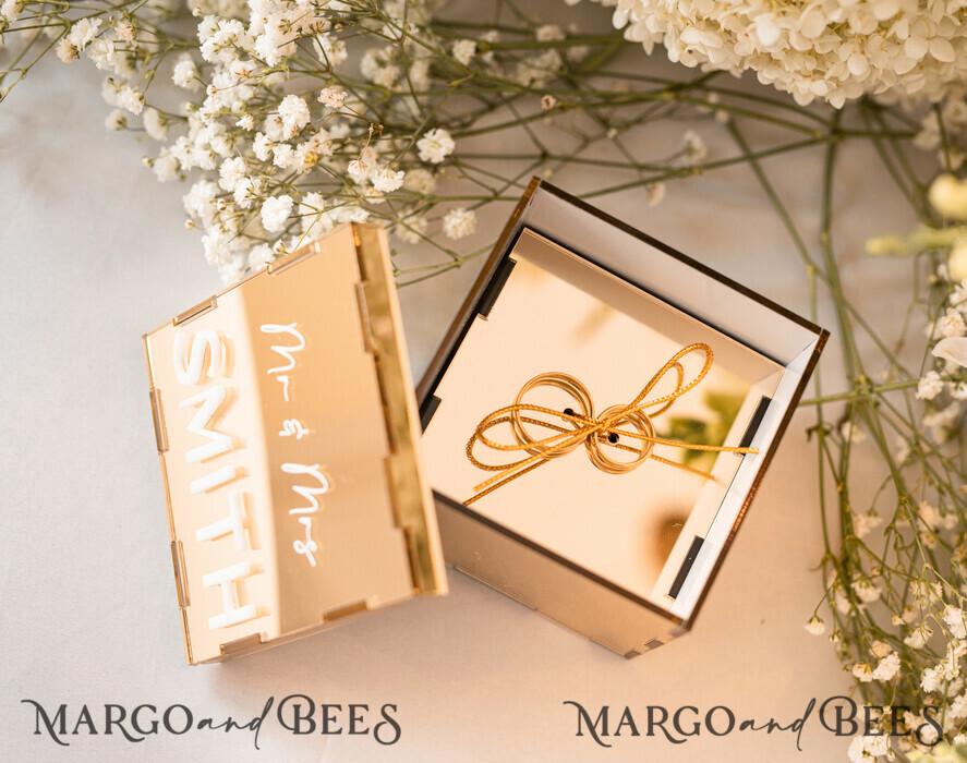RINGTRÄGERBOXEN & KISSEN Klarer Gold-Acrylringbox Ringbox für die Hochzeitszeremonie 3 Ringe, Spiegel-Acryl Goldene Hochzeitsringbox für die Zeremonie, Boho Glam Hochzeitsringboxen, Luxuriöse Acryl Goldringbox doppelte individuelle Farben.