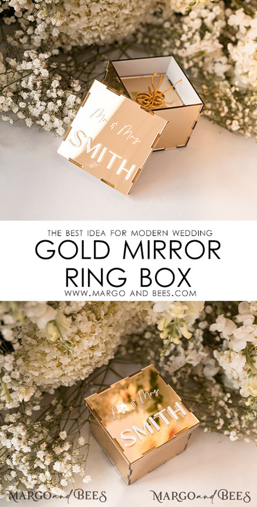 RINGTRÄGERBOXEN & KISSEN Klarer Gold-Acrylringbox Ringbox für die Hochzeitszeremonie 3 Ringe, Spiegel-Acryl Goldene Hochzeitsringbox für die Zeremonie, Boho Glam Hochzeitsringboxen, Luxuriöse Acryl Goldringbox doppelte individuelle Farben.