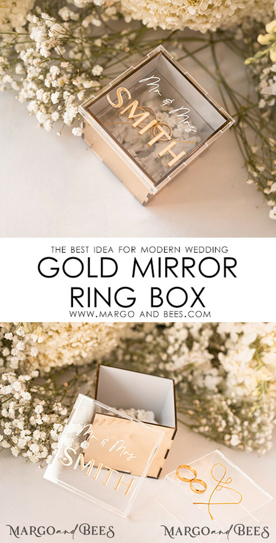 RINGTRÄGERBOXEN & KISSEN Klarer Gold-Acrylringbox Ringbox für die Hochzeitszeremonie 3 Ringe, Spiegel-Acryl Goldene Hochzeitsringbox für die Zeremonie, Boho Glam Hochzeitsringboxen, Luxus Acryl Goldringbox doppelt, benutzerdefinierte Farben.