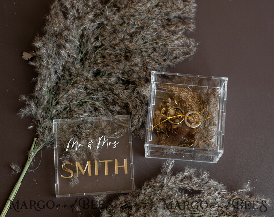 RINGTRÄGERBOXEN & KISSEN Klarer Gold-Acrylringbox Ringbox für die Hochzeitszeremonie 3 Ringe, klare Acryl-Goldhochzeitsringbox für die Zeremonie, Boho Glam Hochzeitsringboxen, luxuriöse Acryl-Goldringbox doppelt, individuelle Farben.