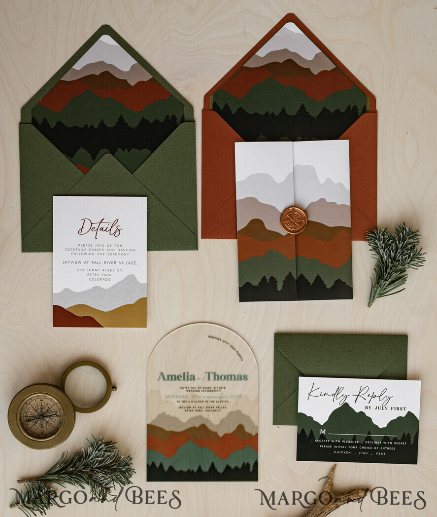 HOCHZEITS EINLADUNGEN Wald / Berge / Waldlandschaft Thema Bergmodernes Bogen-Acryl-Hochzeitseinladung-Set, moderne Arizona-Hochzeitseinladungen, klare Plexiglassuite-Hochzeitskarten, terrakotta Hochzeitseinladungen, Hochzeits-Einladungsset mit Bergen, salbeigrüne Hochzeitseinladung aus Plexiglas.