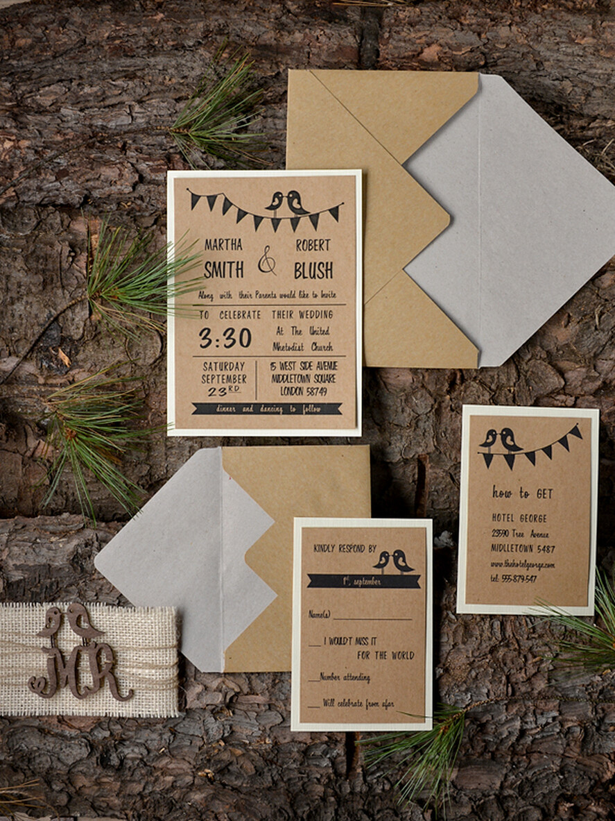HOCHZEITS EINLADUNGEN Wald / Berge / Waldlandschaft Thema rustikale Holzbriefpapier