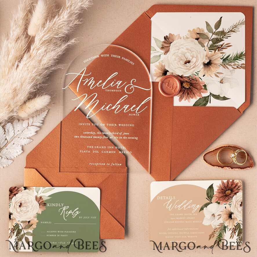 HOCHZEITS EINLADUNGEN Elegante Einladungen Klassische Karten Bogen Acryl Hochzeitskarten online, Elegante Terrakotta Hochzeitskarten Suite • Luxuriöse Plexi Hochzeitskarten • Bogen Herbst Hochzeitsstationery