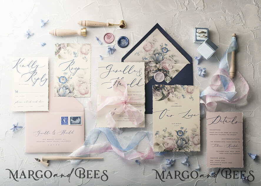 HOCHZEITS EINLADUNGEN Elegante Einladungen Klassische Karten Vintage Blumenhochzeitseinladungen, minimalistische rosa Hochzeitseinladungen, zarte königsblaue Hochzeitskarten mit handgefärbtem Band, handgemachte Hochzeitspapeterie.