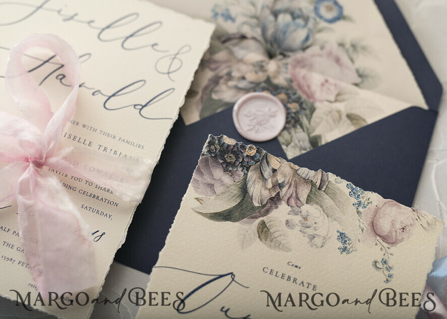 HOCHZEITS EINLADUNGEN Elegante Einladungen Klassische Karten Vintage Blumenhochzeitseinladungen, minimalistische rosa Hochzeitseinladungen, zarte königsblaue Hochzeitskarten mit handgefärbtem Band, handgemachte Hochzeitspapeterie.