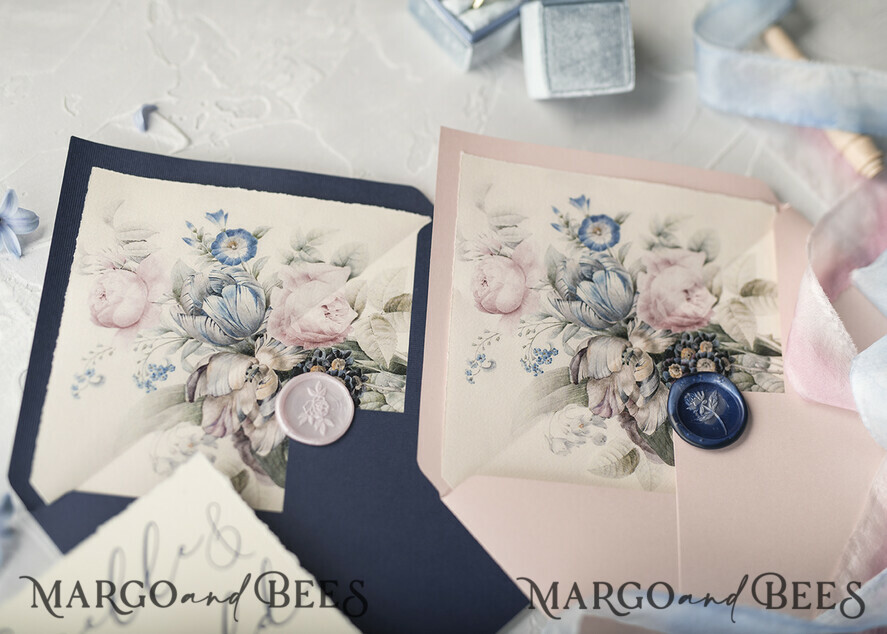 HOCHZEITS EINLADUNGEN Elegante Einladungen Klassische Karten Vintage Blumenhochzeitseinladungen, minimalistische rosa Hochzeitseinladungen, zarte königsblaue Hochzeitskarten mit handgefärbtem Band, handgemachte Hochzeitspapeterie.