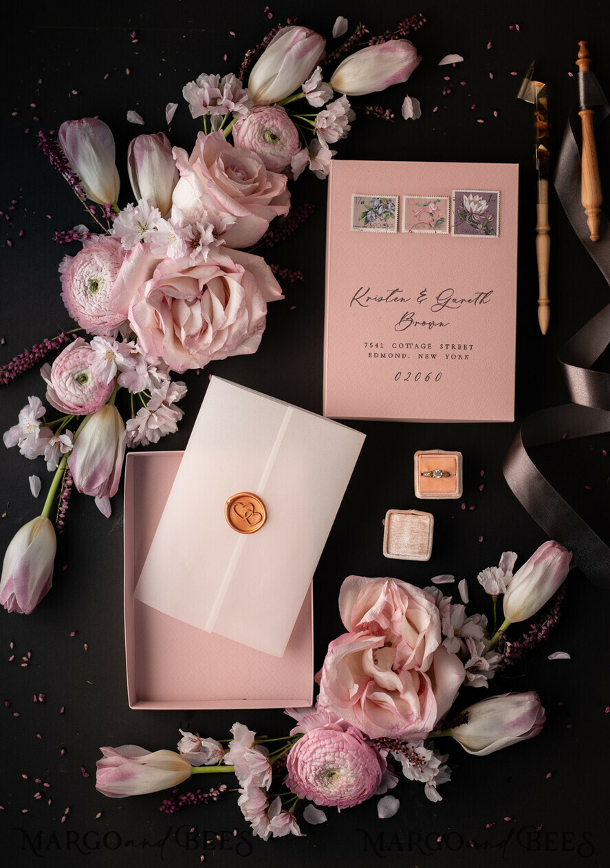 HOCHZEITS EINLADUNGEN Elegante Einladungen Klassische Karten Romantische Blush Pink Box Hochzeitseinladungen Suite, Elegante erschwingliche Hochzeitseinladungen, Luxus Acryl Plexi Hochzeitseinladungen, Glamour Vellum Hochzeitseinladungen