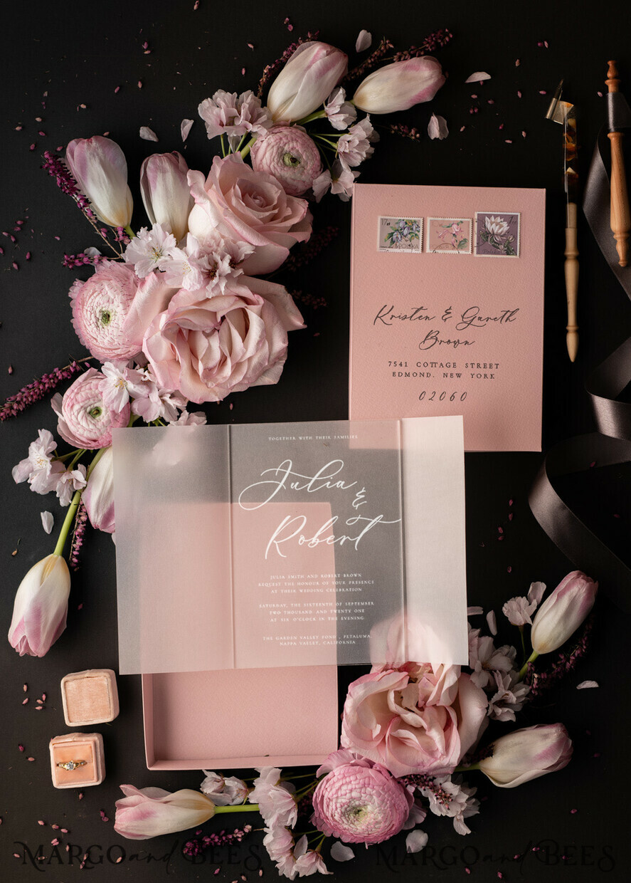 HOCHZEITS EINLADUNGEN Elegante Einladungen Klassische Karten Romantische Blush Pink Box Hochzeitseinladungen Suite, Elegante erschwingliche Hochzeitseinladungen, Luxus Acryl Plexi Hochzeitseinladungen, Glamour Vellum Hochzeitseinladungen