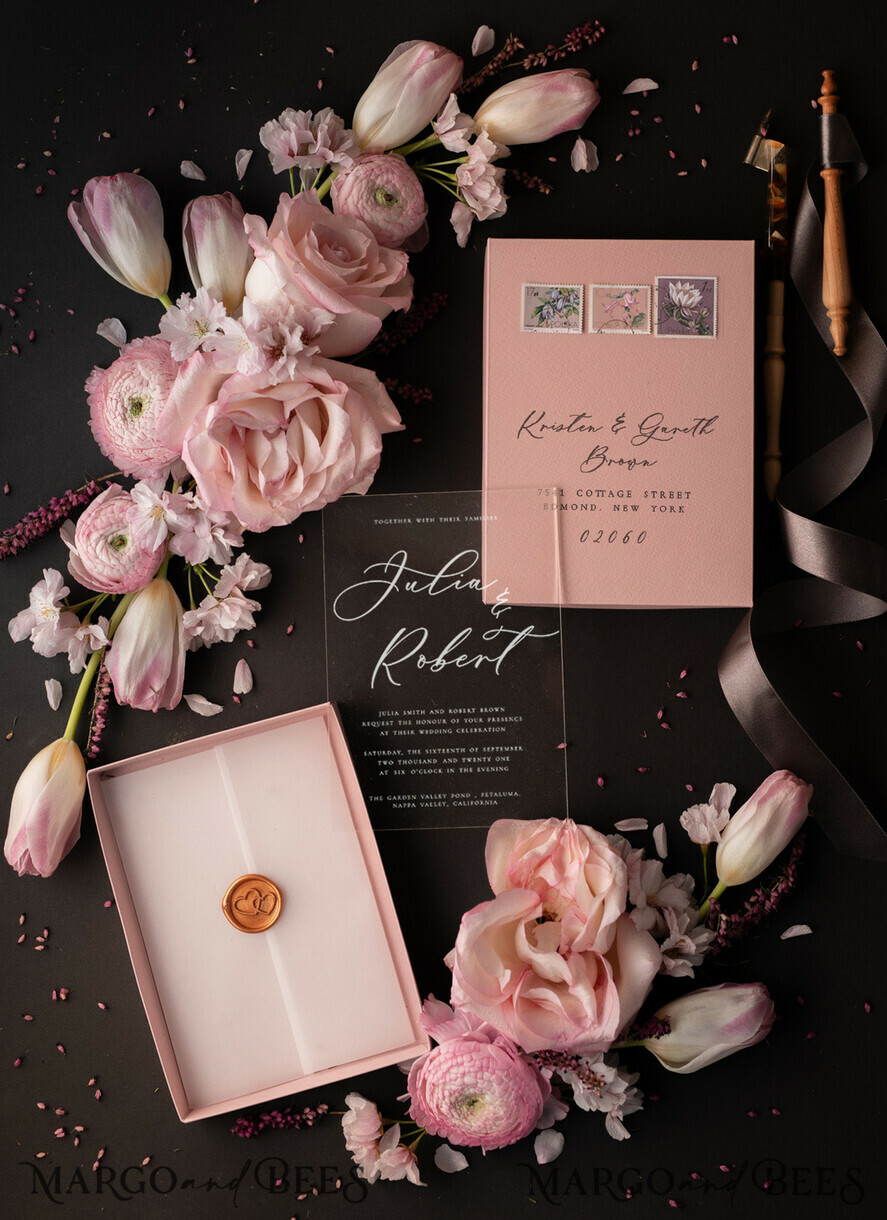 HOCHZEITS EINLADUNGEN Elegante Einladungen Klassische Karten Romantische Blush Pink Box Hochzeitseinladungen Suite, Elegante erschwingliche Hochzeitseinladungen, Luxus Acryl Plexi Hochzeitseinladungen, Glamour Vellum Hochzeitseinladungen