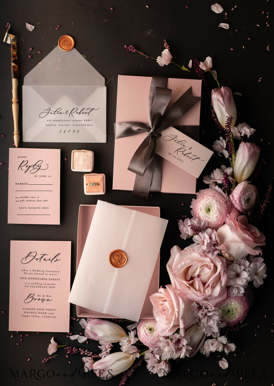 HOCHZEITS EINLADUNGEN Elegante Einladungen Klassische Karten Romantische Blush Pink Box Hochzeitseinladungen Suite, Elegante erschwingliche Hochzeitseinladungen, Luxus Acryl Plexi Hochzeitseinladungen, Glamour Vellum Hochzeitseinladungen