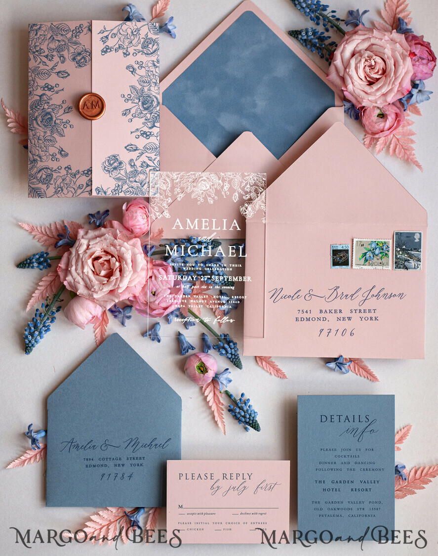 HOCHZEITS EINLADUNGEN Elegante Einladungen Klassische Karten Samtene Blush-Pink moderne Hochzeitskarten, Acryl gefrorene blaue pinke Hochzeitskarten, Plexi-Hochzeitskarten, Luxus blaue Blush-Pink Hochzeitskarten