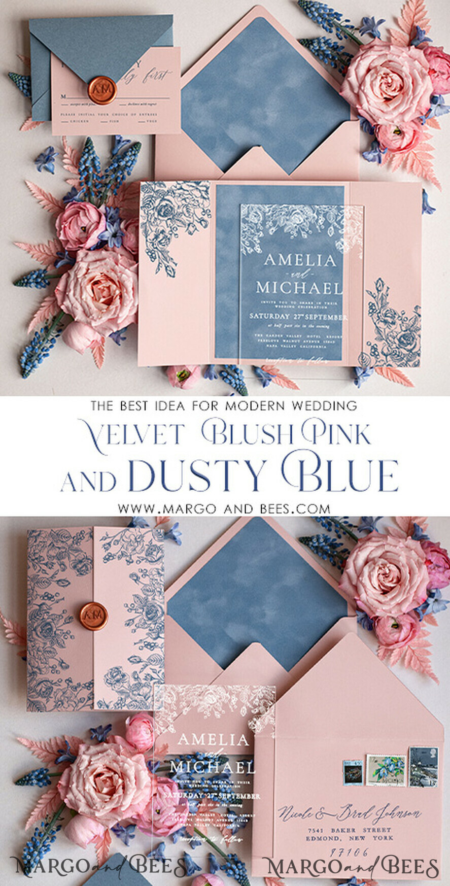 HOCHZEITS EINLADUNGEN Elegante Einladungen Klassische Karten Samtene Blush-Pink moderne Hochzeitskarten, Acryl gefrorene blaue pinke Hochzeitskarten, Plexi-Hochzeitskarten, Luxus blaue Blush-Pink Hochzeitskarten