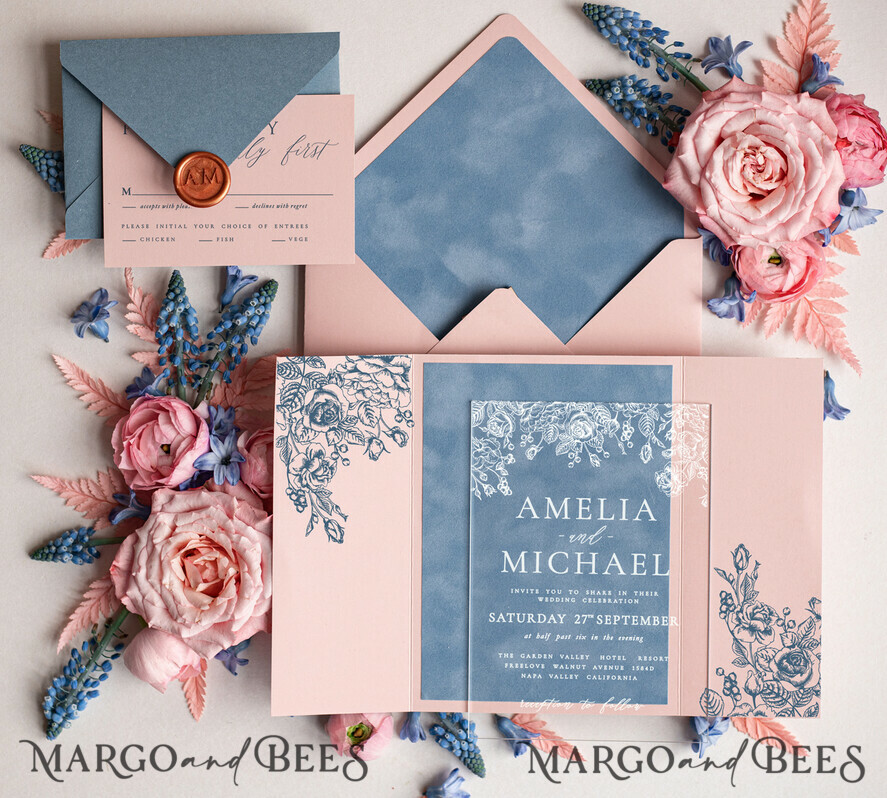 HOCHZEITS EINLADUNGEN Elegante Einladungen Klassische Karten Samtene Blush-Pink moderne Hochzeitskarten, Acryl gefrorene blaue pinke Hochzeitskarten, Plexi-Hochzeitskarten, Luxus blaue Blush-Pink Hochzeitskarten