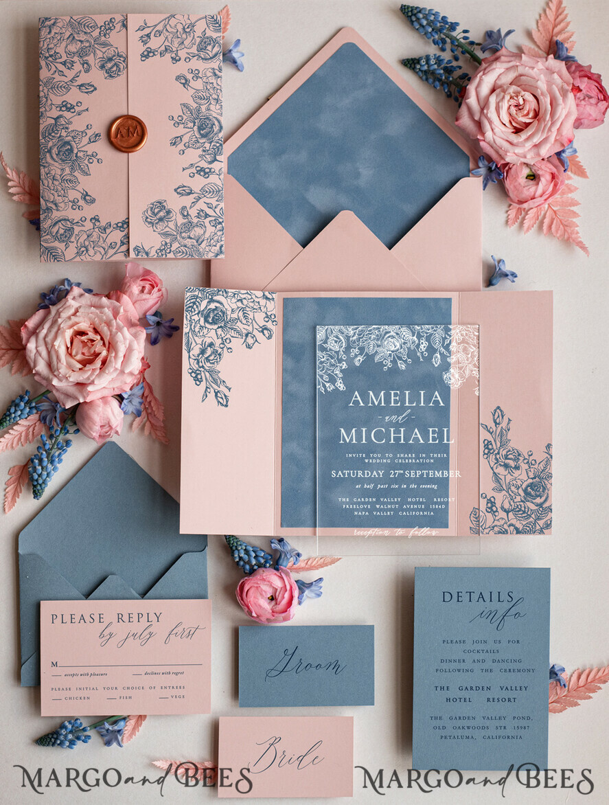 HOCHZEITS EINLADUNGEN Elegante Einladungen Klassische Karten Samtene Blush-Pink moderne Hochzeitskarten, Acryl gefrorene blaue pinke Hochzeitskarten, Plexi-Hochzeitskarten, Luxus blaue Blush-Pink Hochzeitskarten