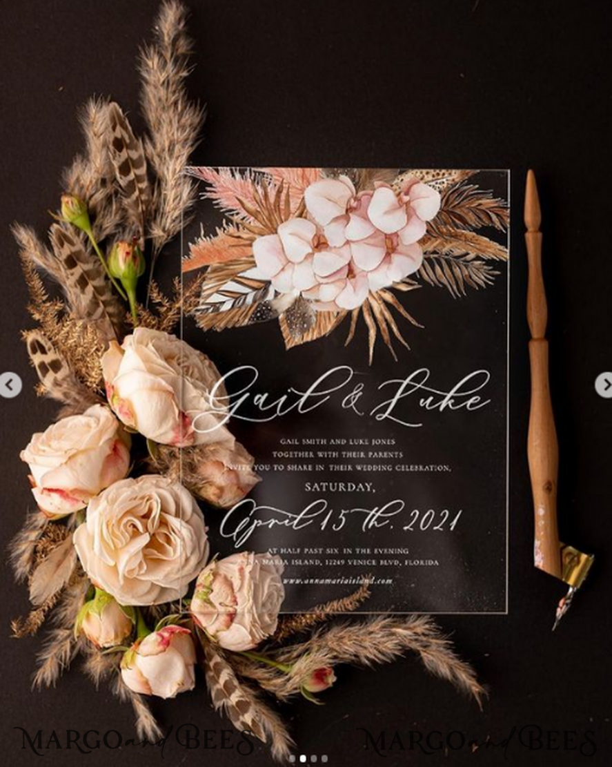 HOCHZEITS EINLADUNGEN Elegante Einladungen Klassische Karten Romantische Blush-Pink-Hochzeitseinladungen, elegante Box-Hochzeitseinladungskollektion, maßgeschneiderte Acryl-Hochzeitseinladungen, Pampasgras-Plexi-Hochzeitseinladungen