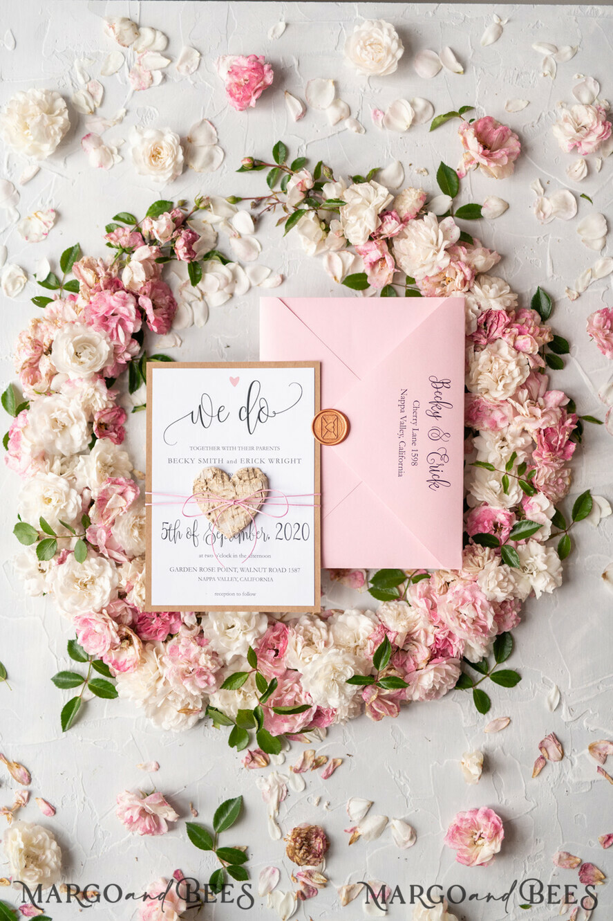 HOCHZEITS EINLADUNGEN Elegante Einladungen Klassische Karten Vintage Holzhochzeitskarten, elegante Birkenherz-Hochzeitseinladungen, maßgeschneiderte pinke Hochzeitseinladungen, handgemachte Hochzeitspapeterie.