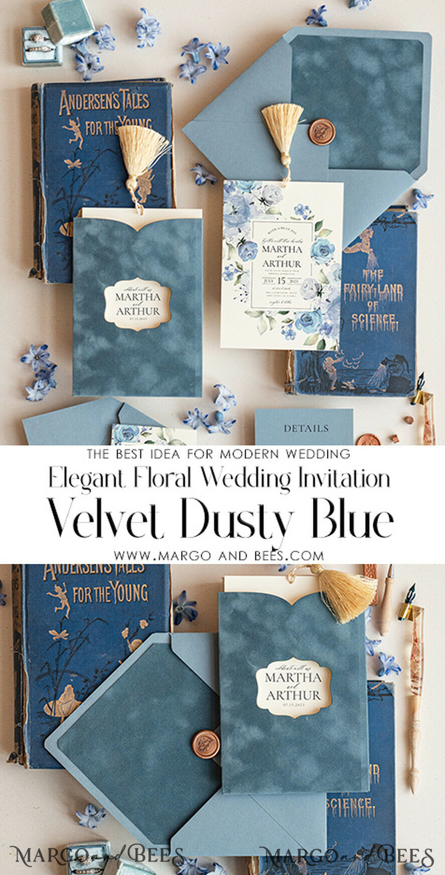 HOCHZEITS EINLADUNGEN Elegante Einladungen Klassische Karten Samt Staubblau Hochzeitskarten, elegante Hochzeitseinladungen, romantische Hochzeitseinladungen Staubblau, Samt-Taschenhochzeitsstationery