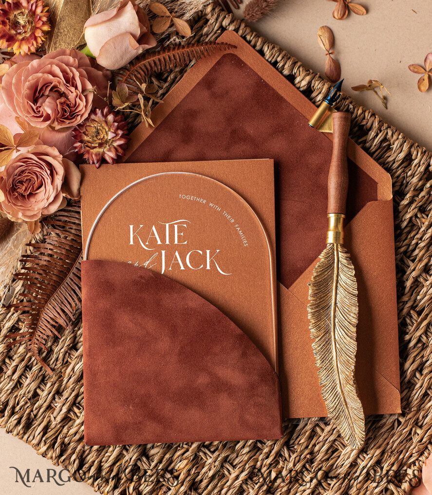 HOCHZEITS EINLADUNGEN Elegante Einladungen Klassische Karten Luxus Arch Terracotta Acryl Hochzeitskarten, Samt Tasche Moderne Hochzeitskarten, Herbst Boho Plexi Hochzeits Einladung Suite, Terracotta Arch Moderne Hochzeits Einladungen, Elegante Samt Hochzeitsstationery