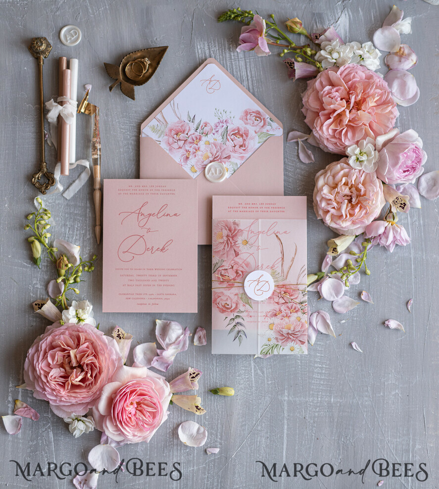 HOCHZEITS EINLADUNGEN Elegante Einladungen Klassische Karten Romantische florale Hochzeitsinvitationen, elegante blush-pinke Hochzeitskarten mit Transparentdeckel, glamouröse pinke Hochzeitsinvitationen, luxuriöse Hochzeitskarten.