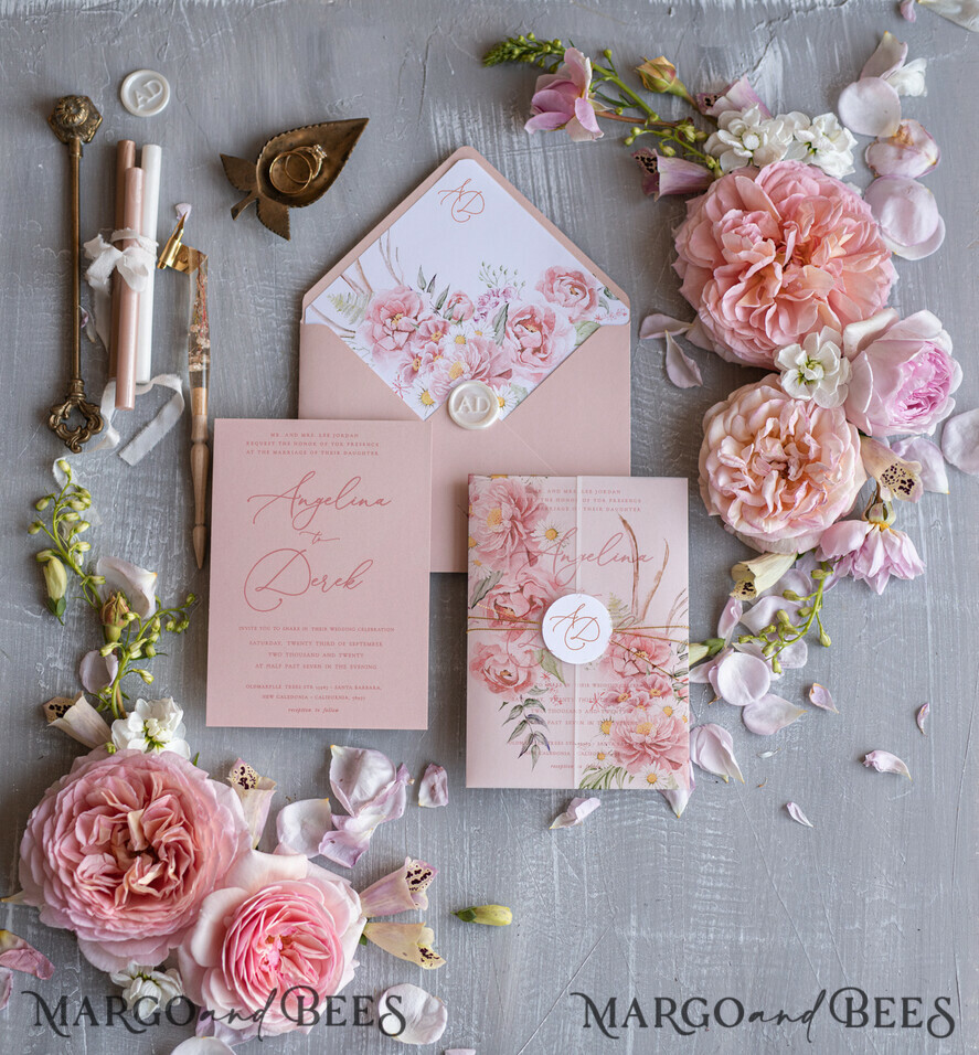 HOCHZEITS EINLADUNGEN Elegante Einladungen Klassische Karten Romantische florale Hochzeitsinvitationen, elegante blush-pinke Hochzeitskarten mit Transparentdeckel, glamouröse pinke Hochzeitsinvitationen, luxuriöse Hochzeitskarten.