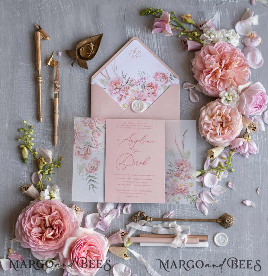 HOCHZEITS EINLADUNGEN Elegante Einladungen Klassische Karten Romantische florale Hochzeitsinvitationen, elegante blush-pinke Hochzeitskarten mit Transparentdeckel, glamouröse pinke Hochzeitsinvitationen, luxuriöse Hochzeitskarten.