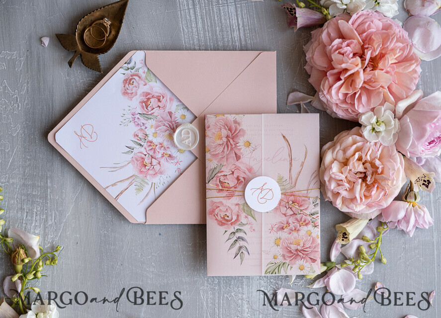 HOCHZEITS EINLADUNGEN Elegante Einladungen Klassische Karten Romantische florale Hochzeitsinvitationen, elegante blush-pinke Hochzeitskarten mit Transparentdeckel, glamouröse pinke Hochzeitsinvitationen, luxuriöse Hochzeitskarten.
