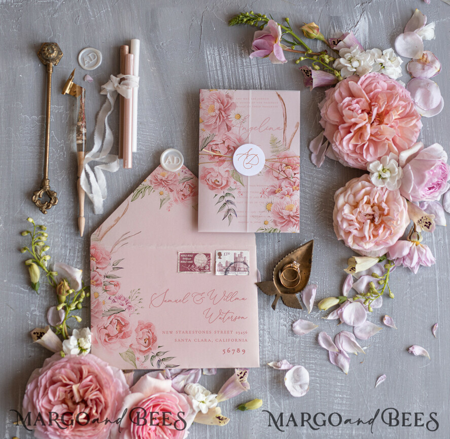 HOCHZEITS EINLADUNGEN Elegante Einladungen Klassische Karten Romantische florale Hochzeitsinvitationen, elegante blush-pinke Hochzeitskarten mit Transparentdeckel, glamouröse pinke Hochzeitsinvitationen, luxuriöse Hochzeitskarten.
