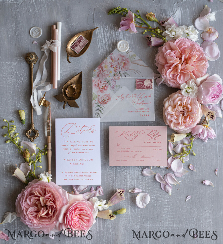 HOCHZEITS EINLADUNGEN Elegante Einladungen Klassische Karten Romantische florale Hochzeitsinvitationen, elegante blush-pinke Hochzeitskarten mit Transparentdeckel, glamouröse pinke Hochzeitsinvitationen, luxuriöse Hochzeitskarten.