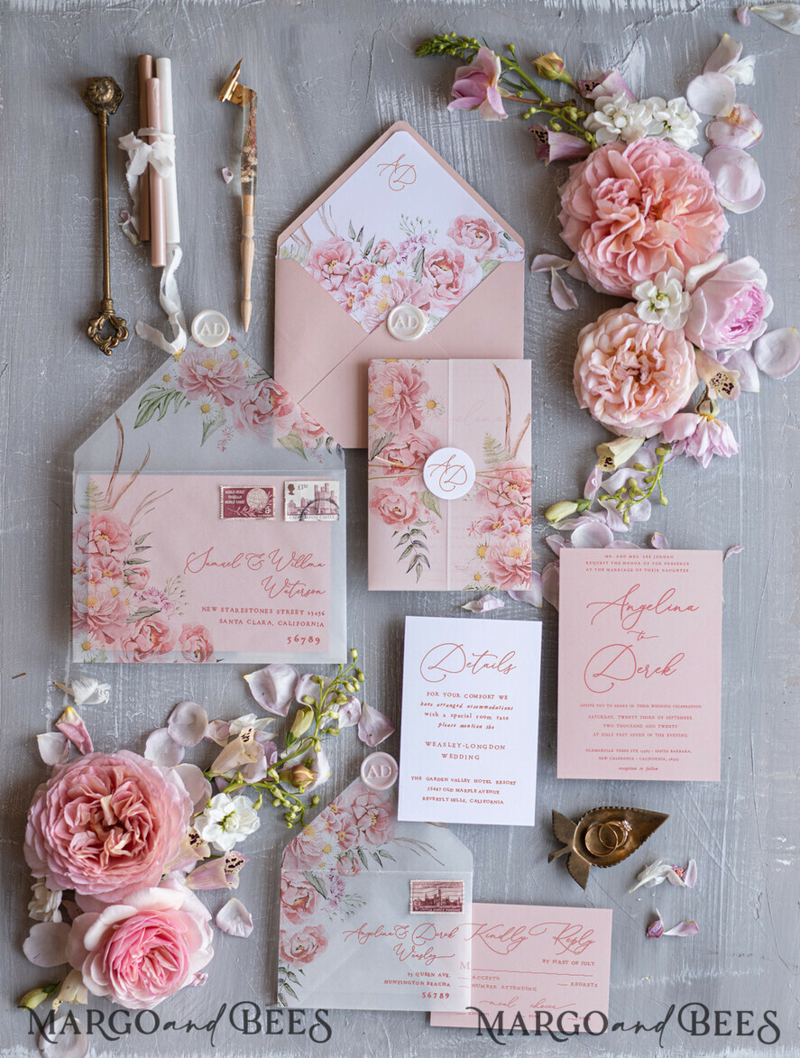 HOCHZEITS EINLADUNGEN Elegante Einladungen Klassische Karten Romantische florale Hochzeitsinvitationen, elegante blush-pinke Hochzeitskarten mit Transparentdeckel, glamouröse pinke Hochzeitsinvitationen, luxuriöse Hochzeitskarten.