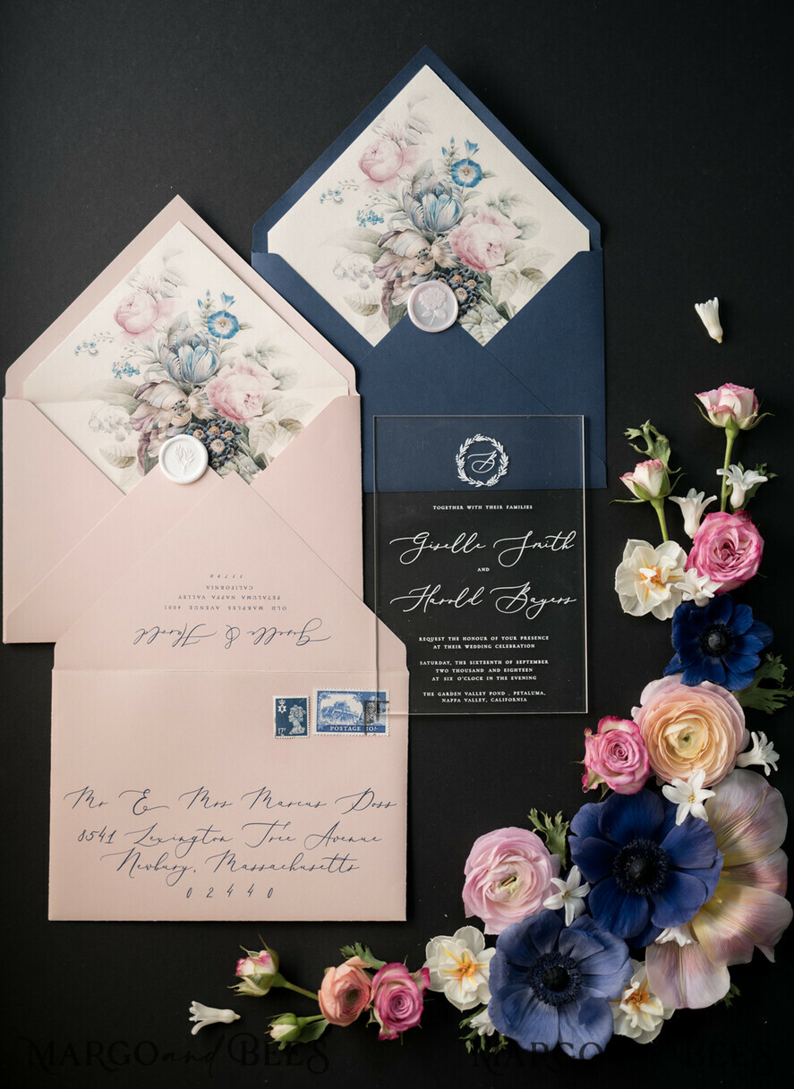 HOCHZEITS EINLADUNGEN Elegante Einladungen Klassische Karten Luxus Acryl Plexi Hochzeitseinladungen, romantische Blush-Pink Hochzeitseinladungen mit Vellum-Umschlag, elegante königsblaue Hochzeitskarten, maßgeschneiderte florale Hochzeitseinladungssuite.