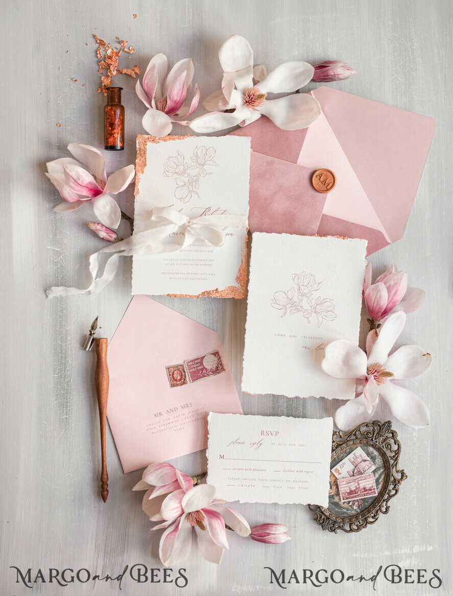 HOCHZEITS EINLADUNGEN Elegante Einladungen Klassische Karten Blush Pink Das Hochzeitseinladungsset, Luxushochzeitseinladungen Samtumschlag, Elegante Hochzeitseinladung Suite, Goldene Deckle-Kante Papierhochzeitseinladungen