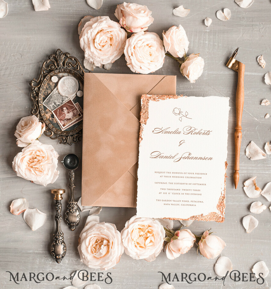 HOCHZEITS EINLADUNGEN Elegante Einladungen Klassische Karten Personalisierte Hochzeitskarten Samt Beige Umschlag, Elegante Hochzeitskarten, Fine Art Hochzeitskarten Suite, Hochzeitseinladungen mit goldenem, gezacktem Randpapier
